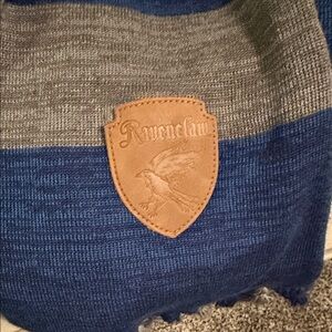 Ravenclaw Blue and Gray Striped Scarf with Leather Patch